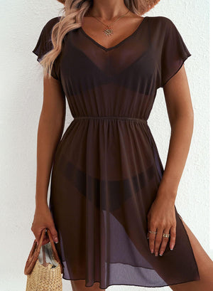 Brown sheer mini dress with V-neck, short sleeves, and side slit.