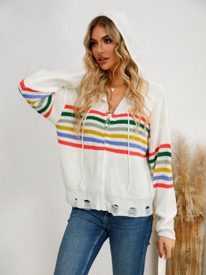 White knit hoodie with rainbow stripes and distressed details.