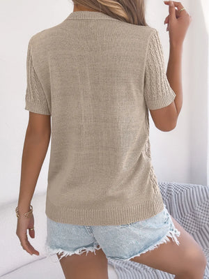 Khaki textured knit button-front top with short sleeves and cable knit details.