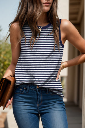 Navy and white striped tank top with contrast trim neckline and armholes