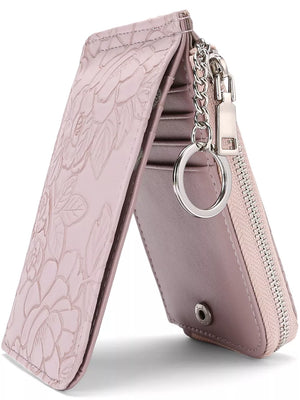 Blush pink floral embossed mini wallet with chain and keyring detail