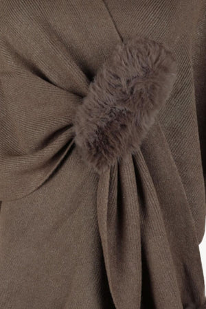 Taupe knit cape with faux fur trim detail.
