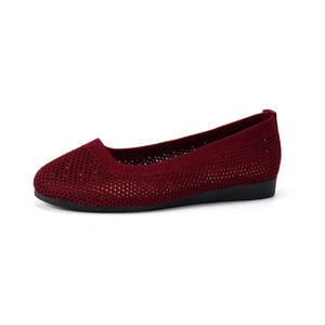 Burgundy breathable knit ballet flats with a mesh texture and black sole.