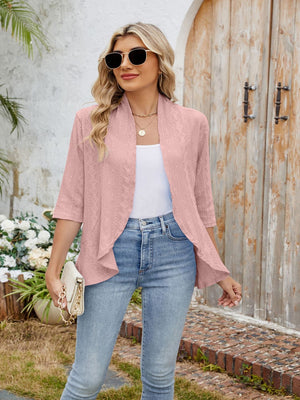 Dusty Pink eyelet cascade cardigan with open front and 3/4 sleeves, styled with a white tank and jeans.