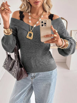 Off-shoulder Lace Trim Sweater in Dark Gray, close-up detail