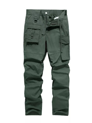 Men's green functional cargo pants with multiple pockets and buckle details.