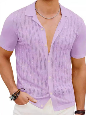 Lavender mesh button-up shirt with vertical stripe pattern, short sleeves, and open collar.