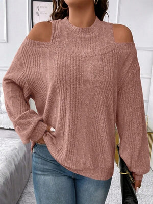 Dusty Pink ribbed knit mock neck cold shoulder blouse with long sleeves.