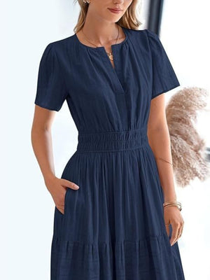 Dark navy V-neck tiered maxi dress with smocked waist and short sleeves.