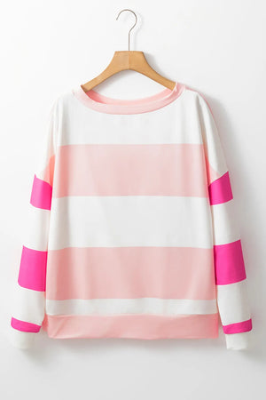 Striped sweatshirt with block sleeves in pink and white.