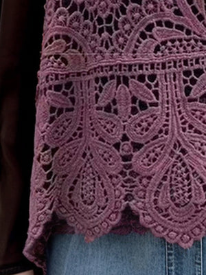Deep Purple lace overlay cropped vest with intricate floral crochet pattern and scalloped hem.
