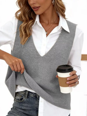 Chic V-neck Sleeveless Knit Sweater Vest Plus Size in White, back view