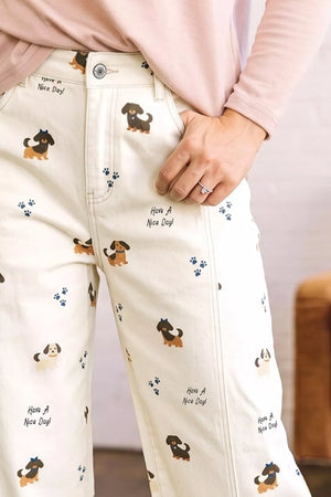 Abstract Dog Print Wide Leg Jeans in White, close-up detail