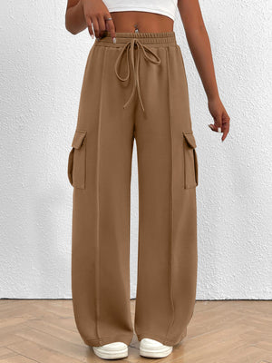 Khaki high waist cargo sweatpants with drawstring and side pockets.