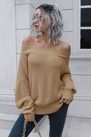 Camel off-shoulder ribbed sweater with balloon sleeves and a relaxed fit.