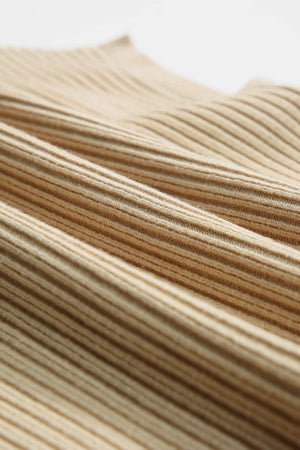 Caramel ribbed knit mock neck top showing texture detail