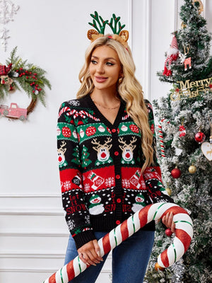 Festive Fair Isle button-up cardigan in black with reindeer, snowman, and snowflake pattern.