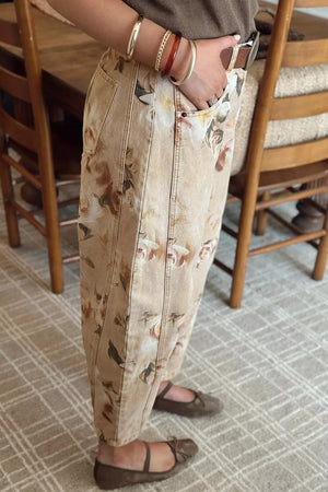 Retro Floral Print Relaxed Barrel Jeans in Beige, back view
