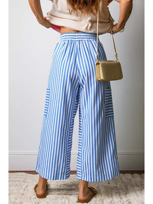 Maternity wide-leg ankle pants with blue and white stripes, pockets, and drawstring waist.