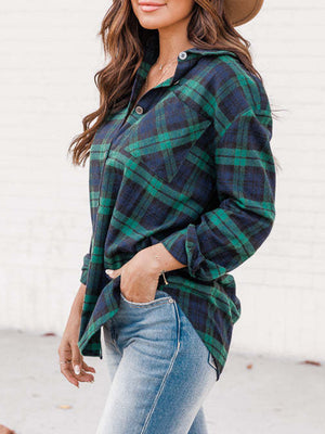 Relaxed fit plaid button-down shirt in green and navy, with cuffed sleeves.