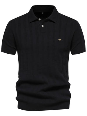 Black ribbed knit polo shirt with vertical texture detail and two-button placket.