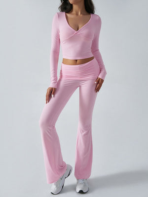 Blush pink cross-front long sleeve crop top and flare lounge pants set