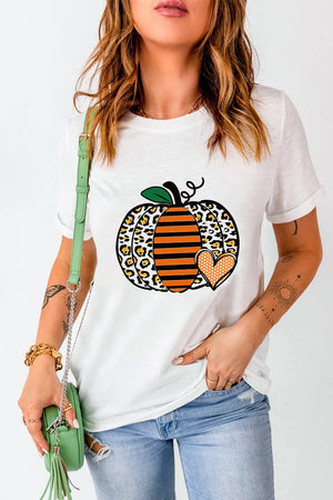 White graphic tee with leopard print and striped pumpkin, featuring a polka dot heart detail.