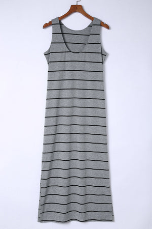 Charcoal horizontal stripe maxi dress with V-neck and slit hem