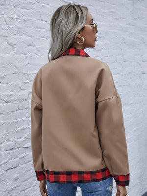 Taupe casual jacket with red plaid trim on collar and hem