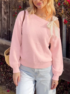 One Shoulder Bow Detail Sweater in Pink, model styling view