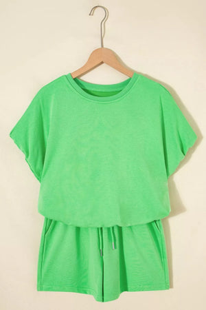 Green cotton drawstring outfit set with crew neck top and shorts