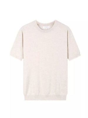 Men's beige crew neck t-shirt with short sleeves and a subtle textured knit.