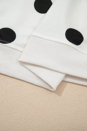 White polka dot ribbed trim two-piece set detail