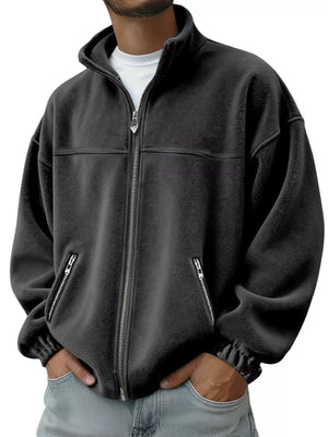 Men's gray fleece zip-up jacket with zippered pockets and elastic cuffs.