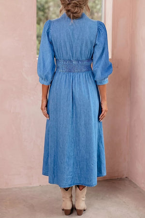 V Neck Shirred Waist Denim Midi Dress, model styling view