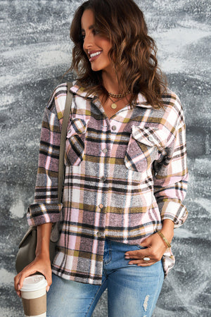 Soft plaid shacket in pink, white, and black with button-front closure and patch pockets.