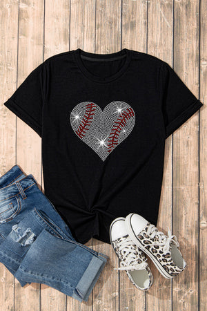 Black cotton t-shirt with rhinestone baseball heart graphic, crew neck, short sleeves.