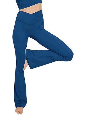 Peacock Blue V-waist flare leg leggings with a high rise and bootcut hem.
