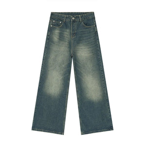 Wide-leg jeans in vintage wash denim with a relaxed fit.