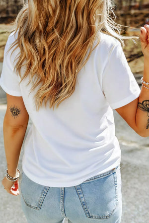 White cotton t-shirt with short sleeves and a crew neck, featuring a small eye tattoo on the arm.