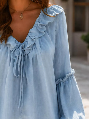 Ruffled Tie Front Flounce Sleeve Blouse in Blush Pink, product detail