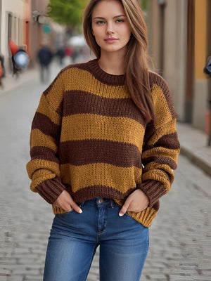 Chunky knit jumper with brown and mustard bold stripes, crew neck, long sleeves.