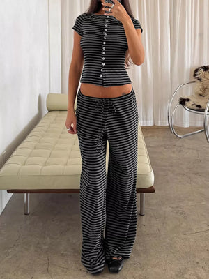 Striped cropped button-down top and wide-leg pants set in dark gray.