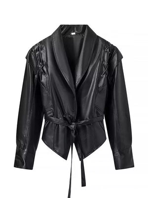 Belted Leather Jacket With Shawl Collar in Dark Brown, view 11