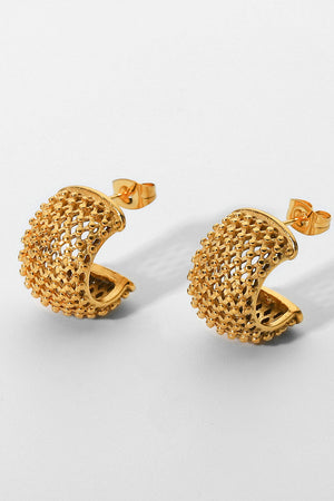 Textured gold crescent hoop earrings with a mesh-like design and stud backs.