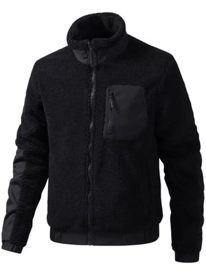 Black sherpa fleece zip-up jacket with contrast nylon chest pocket and sleeves.
