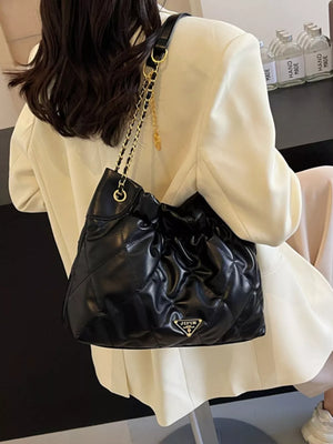 Ruched Leather Shoulder Bag in Black, back view