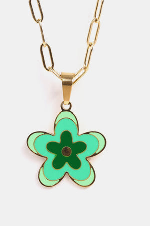 Enamel floral pendant chain necklace in green with 18K gold plating.