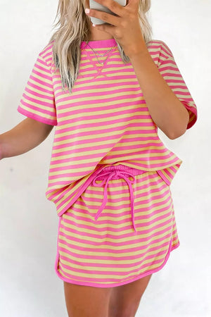 Pink and yellow striped cotton t-shirt and drawstring shorts set