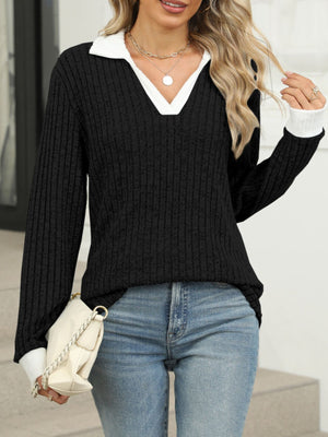 Black ribbed knit long sleeve t-shirt with white collar and cuffs, v-neck.